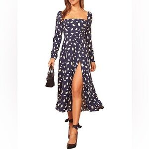 Reformation Sigmund Navy and Cream Long Sleeve Dress Size 2